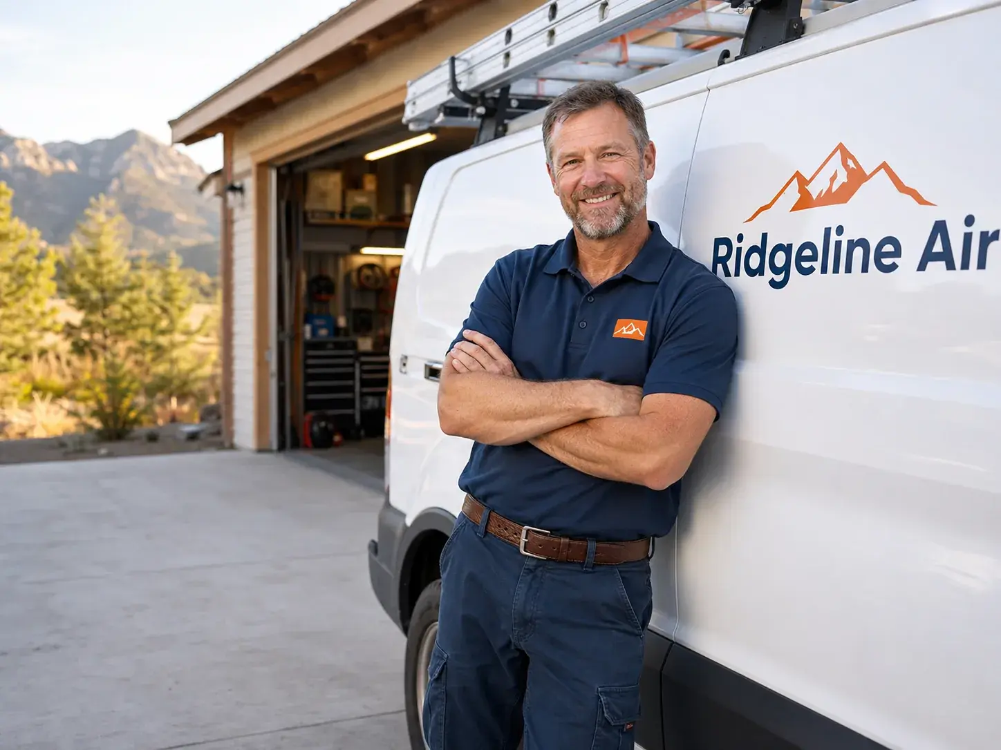 Ridgeline Air founder leaning against a branded service van
