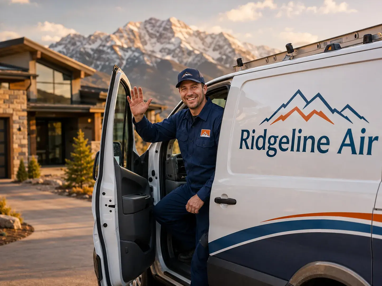 Ridgeline Air technician waving beside a branded service van in front of a Colorado home
