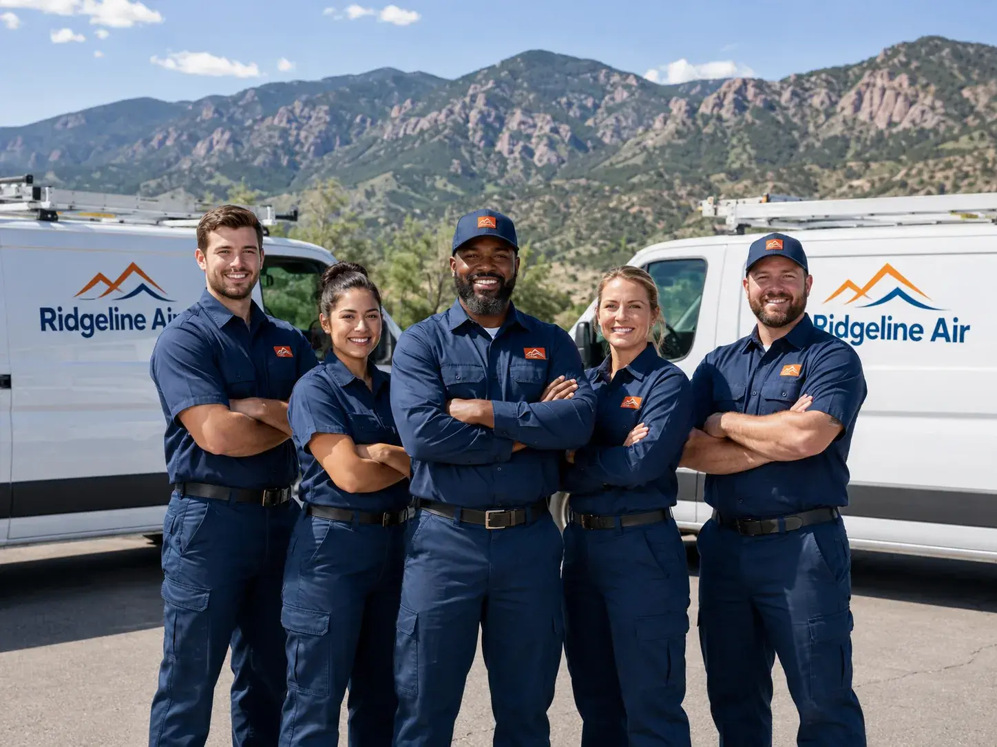 The Ridgeline Air technician team standing in front of two branded service vans